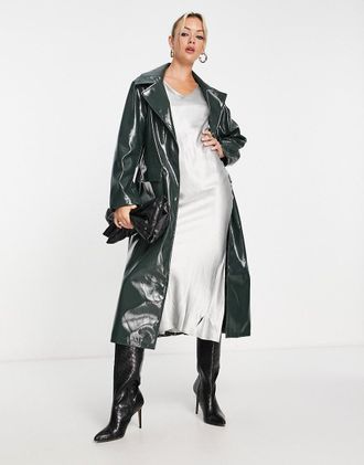 Asos faux leather vinyl dad coat in olive-Green