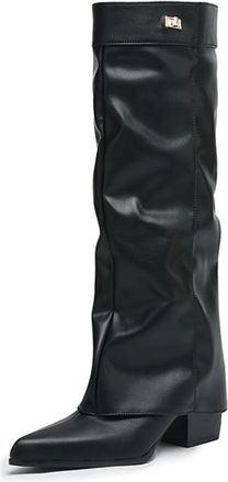 Generic Womens Knee-High Boots, Elegant PU Long Shaft Boots with Pleated Look And Square Toe Western Cowboy Boots Low Block Heel Slip-On Shoes for Autumn & Wi