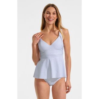 Lands End D-Cup Sweetheart Belted Flutter Tankini in Soft Cloud Blue Mini Stripe at Nordstrom, Size 10