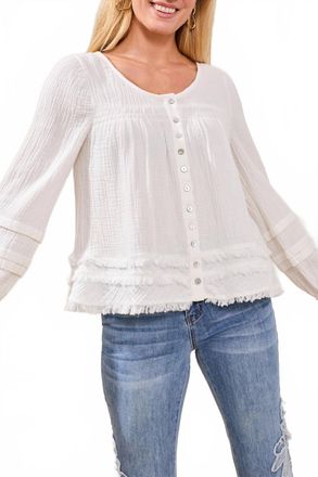 Tribal Button Front Tiered A-Line Blouse With Smocking & Raw Edge In Oceanpearl-2533