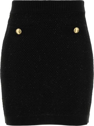 Elisabetta Franchi Zwarte Rok met Knoopversiering en Geribbelde Tailleband met Rechte Zoom - Dames - Korte rokken - Zwart - L - Rokken
