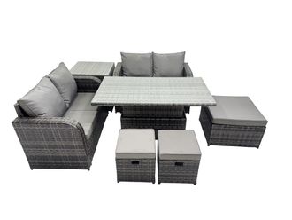 Fimous 7-seater Rattan Garden Furniture Dining Set with 3 Stool Side Table in Dark Grey