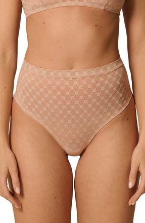 Simone P&eacute;r&egrave;le Plume Embroidered High Waist Shaping Thong in Peau Rose at Nordstrom, Size Medium