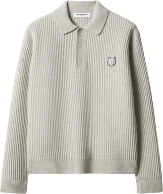 Maison Kitsun&eacute; Fox Head Wool Ribbed Polo Jumper - Heren - Polos - Grijs - M - Wol - Tops