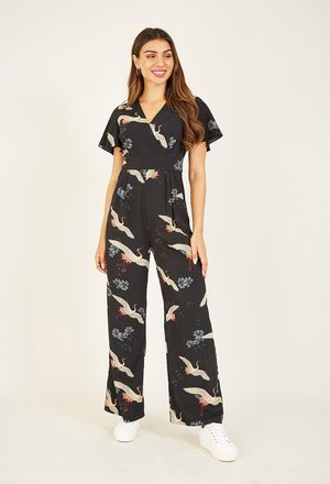 Mela Womens Black Crane Print Angel Sleeve Jumpsuit - Size 18 UK