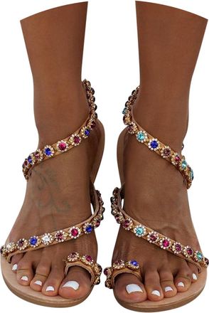 Generic 2025 New Boho Flat Sandals for Women Rhinestones Pearl Design Toe Ring Jeweled Sandals Strappy Beach Wedding Shoes Bohemian Summer Beach Sandals for B