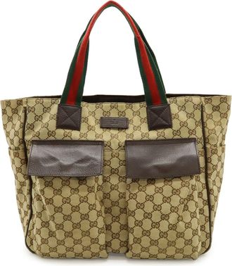 Gucci Beige Dark Brown Green Khaki Red Color Gg Canvas Leather Shoulder Bag Tote Bag (Pre-Owned)