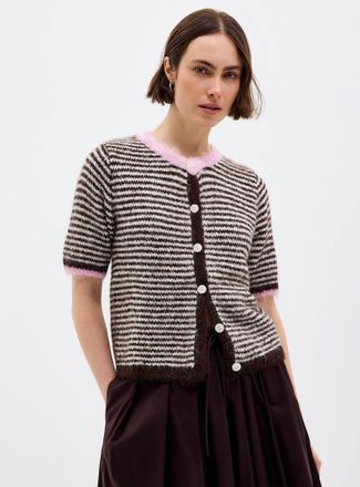 Contemporaine Womens Contrasting trim striped fuzzy Cardigan Sweater