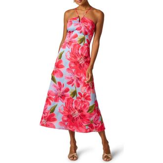 Adrianna Papell Floral Satin Crepe Halter Maxi Dress in Blue/Pink Multi at Nordstrom, Size 14