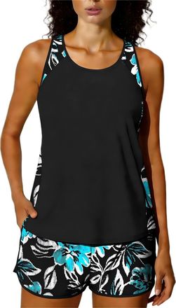 Generic Tankini Sets for Women 2 Piece Swimming Costume Athletic Bathing Suits Hawaiian Tropical Print Modest Swimwear Loose Fit Tank Top with Swim Shorts Pad