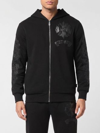Philipp Plein Felpa con cappuccio in cotone con logo in pelle