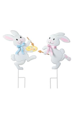 Glitzhome Set of 2 Easter Metal Bunny & Egg Yard Stake in White at Nordstrom, Size Medium