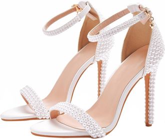 SOLUSTRE WomenS White Pearl High Heel Sandals 11Cm Peep Toe Pointed Heels Wedding Bridal Shoes for Outdoor Party