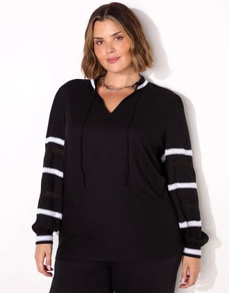 Live Unlimited London Womens Black Embroidered Sleeve Top - Size: 12