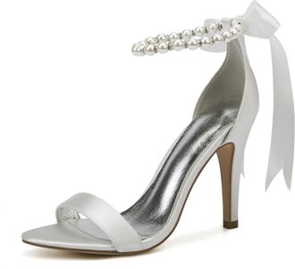 Generic Wedding Shoes Womens Satin Ankle Strap Bridal High Heelsheeled Open Toe Prom Party Dress Stiletto Sandals 10.5Cm,Ivory,9 UK