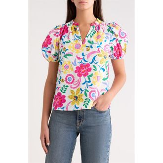 Sugarlips Punta Alta Berisa Split Neck Puff Sleeve Cotton Top in White Multi at Nordstrom, Size X-Small