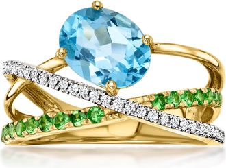 Ross-Simons Swiss Blue Topaz Highway Ring With. Tsavorites and. Diamonds in 14kt Yellow Gold