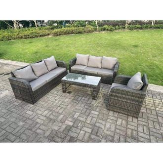 Fimous 7 Seater Dark Grey pe Wicker High Back Rattan Garden Furniture Set Reclining Chair Lounge 3 Seater Sofa Set Outdoor Rectangular Coffee Table - Fimous
