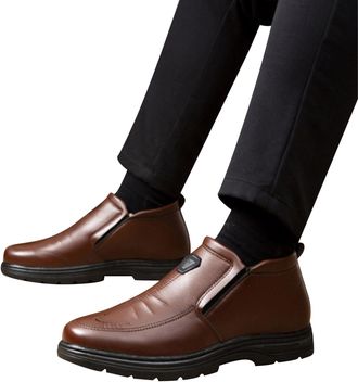 Generic Mens Fleece Leather Shoes Vintage Without Lacing Slip On Loafers Plain Toe Leather Shoe Block Heel Non Slip Boot High Top Shoewear for Formal Business