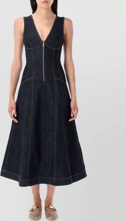 Self Portrait sleeveless v-neck denim dress with contrast stitching