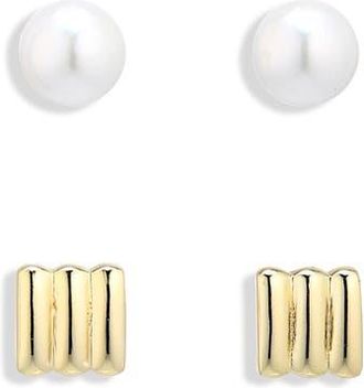 Argento Vivo Set of 2 Freshwater Pearl and Rib Stud Earrings in Gold at Nordstrom Rack