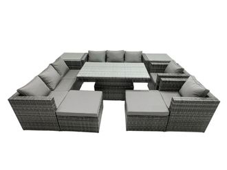 Fimous Rattan Dining Table Sofa Set with 2 Side Tables Stools Outdoor 10 Seat in Dark Grey