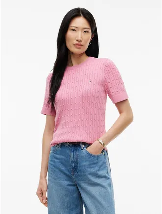 Tommy Hilfiger Womens Short-Sleeve Cable Knit Sweater - Mystic Pink - XL