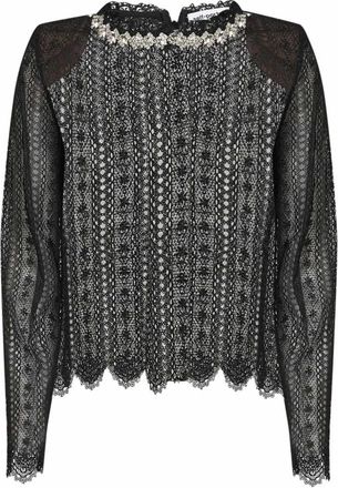 Self Portrait Floral Lace Cropped Top - Dames - Longsleeves - Zwart - 2XS - Polyester - Tops
