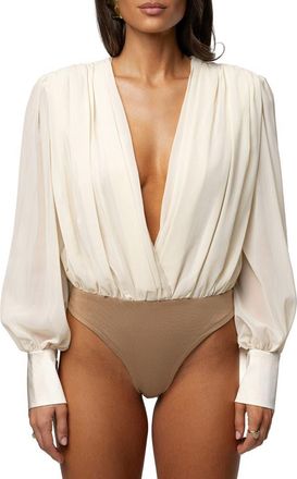 JLUXLABEL Pleated Long Sleeve Bodysuit in Ivory at Nordstrom, Size X-Large