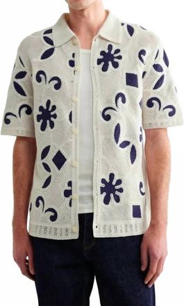 Wax London Doodle Crochet Porto Polo Shirt In Ecru Dark Blue