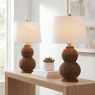 Jonathan Y Designs Millie 23 Modern Coastal Woven Rattan Gourd LED Table Lamp in Dark Brown at Nordstrom