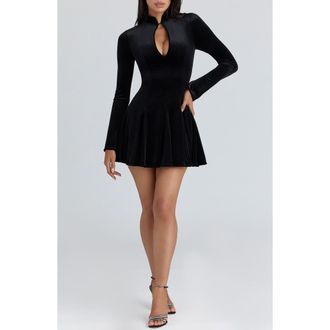 House of CB Stella Keyhole Long Sleeve Velvet Fit & Flare Minidress in Black at Nordstrom, Size X-Small