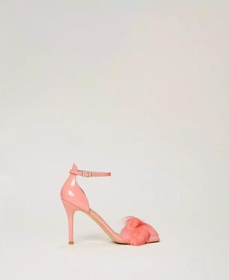 Twinset Tropische Roze Veer Sandaal - Maat 36 - Dames - Sandalen met hakken - Roze - 36 EU - Polyester - Schoenen