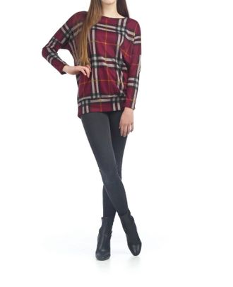 Papillon Plaid Oversized Sweatshirt With Banded Bottom In Burgundy