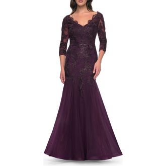 La Femme Mermaid Tulle and Lace Dress with Scallop Detailed Neckline in Dark Berry at Nordstrom, Size 14