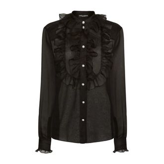 Dolce & Gabbana Overhemden, Dames, Zwart, S, Zwart Parelmoer Knopen Blouse met Ruches