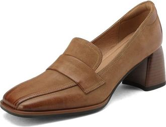 TinaCus Womens Square Toe Genuine Leather Handmade Mid Chunky Heels Slip On Vintage Pumps Shoes, Dark Apricot, 7.5 UK