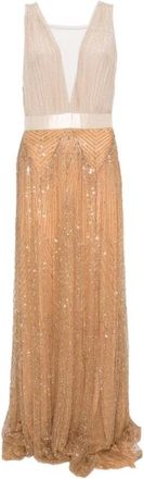 Elisabetta Franchi Kleedjes, Dames, Beige, L, Polyester, 610 Abito Lungo C/paillettes