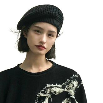 Generic 2025 Womens Slouchy Crochet Berets Vintage Knitted Beanie Cap Funky Painter Artist Hats Fall Winter Warm French Beret(Beige) (Black One Size)