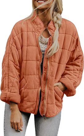 Generic Ladies Casual Loose Short Winter Quilted Cotton-Padded Jacket Stand-up Collar Zipper Coat with Pockets Solid Color Jacket