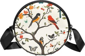 Generic Circle Crossbody Bag for Women, Colored Birds Trees Small Sling Bag Daypack with Zipper Adjustable Shoulder Straps Casual Ladies Girls Round Purse