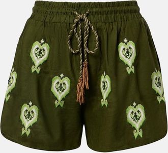 Farm Rio Embroidered linen-blend shorts