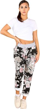 Generic Womens Italian Multi Floral Printed Turn Up Trouser - Ladies Plain Elasticated Waistband Causal Summer Drawstring Bottom Pants (Black Pink Floral, 10-