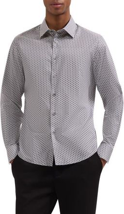 Bugatchi Julian Shaped Fit Geometric Pinwheel Print Stretch Cotton Button-Up Shirt in White at Nordstrom, Size Xx-Large