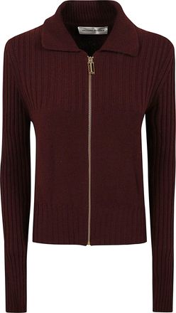 Victoria Beckham Burgundy Ribbed-Knit Jumper with Gold-Tone Hardware