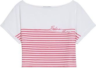 Balmain Marini&egrave;re Stripe Crop Logo T-Shirt in White/Fuschia at Nordstrom, Size X-Small
