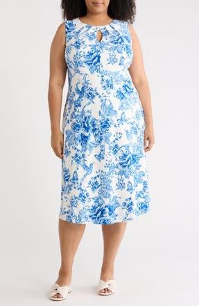 London Times Floral Keyhole A-Line Midi Dress in Soft White/Sky Blue at Nordstrom Rack, Size 14W