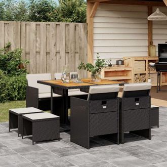 vidaXL Vidaxl - Set De Comedor De Jard&iacute;n 9 Pzas Y Cojines Rat&aacute;n Sint&eacute;tico Negro