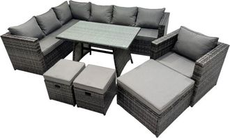 Fimous Fimous 10-seater Outdoor PE Rattan Sofa Set with Dining Table Patio Garden Furniture Sets with Chair 3 Stools Dark Grey Mixed