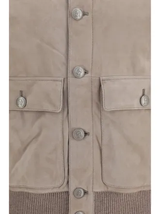 Brunello Cucinelli Mens Suede Jacket Marble-Hazelnut Calf Leather Marble/hazelnut